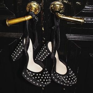 Pearl studded velvet platforms
